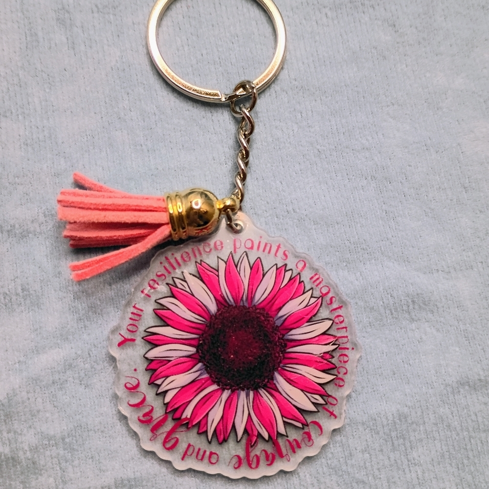 Pink Ribbon Uplifting Sunflower Keychain with Tassel